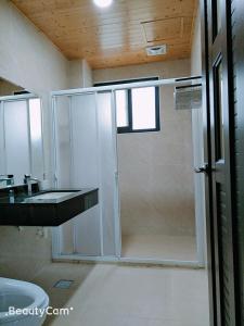 吉安的住宿－蓮緣民宿，一间带玻璃淋浴间和水槽的浴室