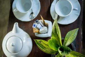 a table with white plates and cups and a plant at Venture Camps in Kandy