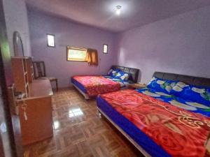 two beds in a room with purple walls and wooden floors at Elen Homestay by ABM in Bromo