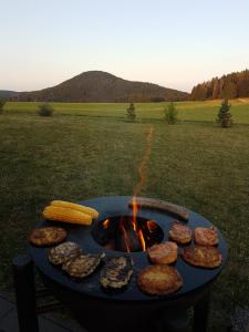 a fire pit with hamburgers and corn and cookies at Ferienwohnung FERRUM in Korbach