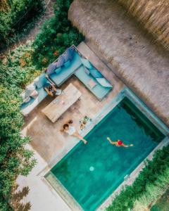 uma vista superior de uma piscina com pessoas a nadar nela em Flowers & Fire Yoga Garden em Gili Air