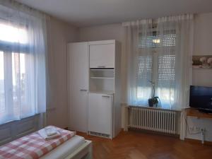 a kitchen with a white refrigerator and a tv at Good Bed Reiden in Reiden