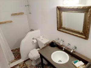 a bathroom with a toilet and a sink and a mirror at En Patmo Holiday Home in Patmos