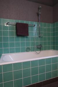 uma casa de banho com azulejos verdes, uma banheira e um chuveiro em Ferienwohnung Wildung em Lüneburg