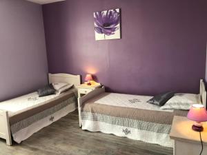 two beds in a room with purple walls at Les gites de la Planchette in Saint-Gervais-les-Trois-Clochers