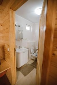La salle de bains est pourvue de toilettes blanches et d'un lavabo. dans l'établissement CABANA FED, à Ruscova