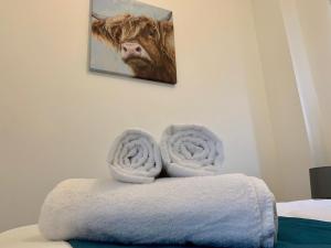 a pile of towels on a bed with a picture of a cow at Lower Highview - Self Catering Apartment, fpventures Stroud in Stroud