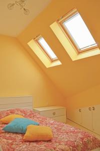 a bedroom with two skylights and a bed at Akra Apartments in Chernomorets