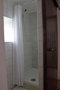 ein Bad mit Dusche und Duschvorhang in der Unterkunft Záboří 10 in Záboří