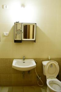 a bathroom with a sink and a toilet and a mirror at 3 BHK Apartment with river view in Panaji