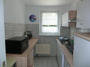 uma cozinha com um balcão com um micro-ondas e um lavatório em Ferienwohnung Randowtal-Schmölln em Schmölln