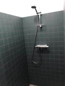 eine Dusche mit Duschkopf in einem grün gefliesten Bad in der Unterkunft Huis nummer 1 in Eindhoven