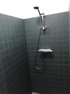 a shower with a shower head in a green tiled bathroom at Huis nummer 1 in Eindhoven