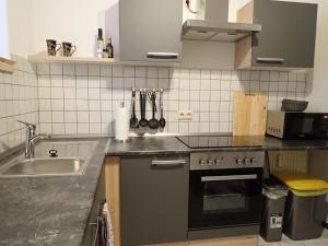 eine Küche mit Spüle und Herd Oberer Backofen in der Unterkunft Meine Ferienwohnung Seeburg 2 in Seeburg