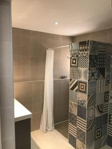 uma casa de banho com chuveiro e cortina de chuveiro em Boost Your Immo St Cyr Superbellevue 4 em La Madrague