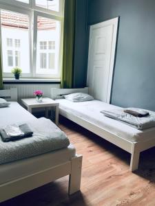 two beds in a room with two windows at Chilli Hostel in Wrocław +30 photos