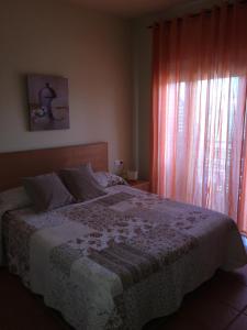1 dormitorio con 1 cama y una ventana con cortinas de color naranja en Hostal Sant Roc, en Botarell
