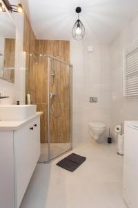 a bathroom with a shower and a sink and a toilet at CR Apartament przy Katedrze in Białystok