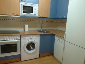 eine Küche mit einer Waschmaschine und einer Mikrowelle in der Unterkunft El Patio in Saragossa