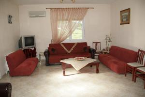 a living room with red couches and a tv at Elanthi Hostel kastoria in Kastoria