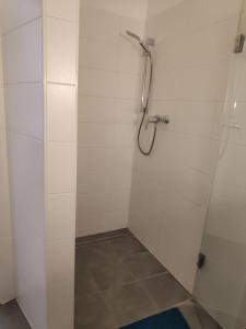 a bathroom with a shower with a glass door at Flataid Apartment Reitschulgasse - City Center - Jakominiplatz in Graz