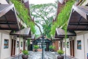 a courtyard of a building with plants at Hotel Aromas de Penedo in Penedo