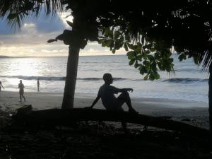 a man sitting on a tree on the beach at Hotel OBEGA PACIFIC in Nuquí