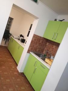 een keuken met groene kasten en een wastafel bij Boncz Udvar in Praid