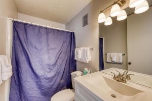 狄龍的住宿－Orfino 311，浴室设有紫色的浴帘和水槽