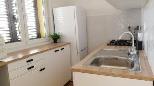 a kitchen with a sink and a white refrigerator at Apartment Amalia in Labin +52 photos
