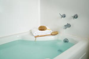 a bath tub with a towel and a sponge at Inn at Pleasant Lake in New London