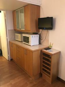 a kitchen with a microwave and a tv on a counter at Studio 22m² balcon Pégase Phenix Le Corbier in Le Corbier