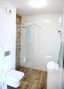 uma casa de banho com um WC e uma cabina de duche em vidro. em Apartament Miętowy z 2 sypialniami i miejscem parkingowym em Kielce