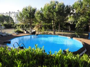 a large blue swimming pool surrounded by green bushes at Logis Les Charmilles Chalon-sur-Saône Sud in Lux