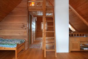 ein Schlafzimmer mit einem Etagenbett und einer Leiter in der Unterkunft Podjelje in Podjelje
