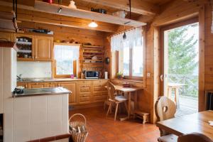 a kitchen with wooden cabinets and a table in a cabin at Podjelje in Podjelje
