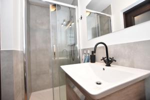 a bathroom with a sink and a shower at City Central Apartments Wrocław in Wrocław