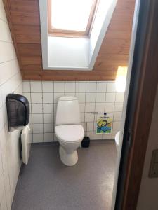 a bathroom with a white toilet with a skylight at Danhostel Sandvig in Sandvig