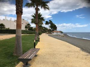 un banco de parque junto a una playa con palmeras en Bahia de la Plata, en Estepona