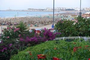 a beach with some purple flowers and the ocean at Hotel Vela Velo Club Vieste in Vieste