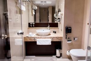 a bathroom with a toilet, sink, and mirror at Crowne Plaza Bratislava, an IHG Hotel in Bratislava