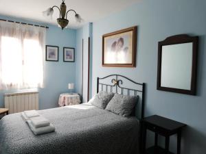 Dormitorio azul con cama y espejo en Casa Rural Las Condesas en Santo Domingo de Silos