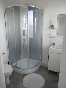 La salle de bains est pourvue d'une douche et de toilettes. dans l'établissement L ATELIER, à Courtisols