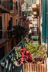 un balcón con flores en macetas en un edificio en TaoApartments - Casa Antonella, en Taormina