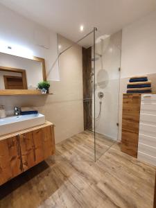 uma casa de banho com uma cabina de duche em vidro e um lavatório. em Ferienwohnung App. MOUNTAIN VIEW em Fieberbrunn