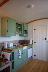 a kitchen with green cabinets and white appliances at Shepherd Hut Bird Enniskillen, Fermanagh in Enniskillen