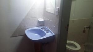 a bathroom with a sink and a toilet at Pura Vida Hostel in El Bolsón