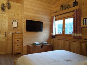 Schlafzimmer mit einem Bett und einem Flachbild-TV in der Unterkunft Chambres d’Hôtes les Hermines in Saint-Nicolas-la-Chapelle