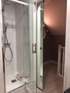 a shower with a glass door in a bathroom at Maison Quatre Freres in Louviers