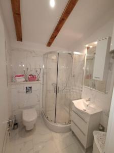 uma casa de banho com um chuveiro, um WC e um lavatório. em Apartmani Pina 2 em Kaštela